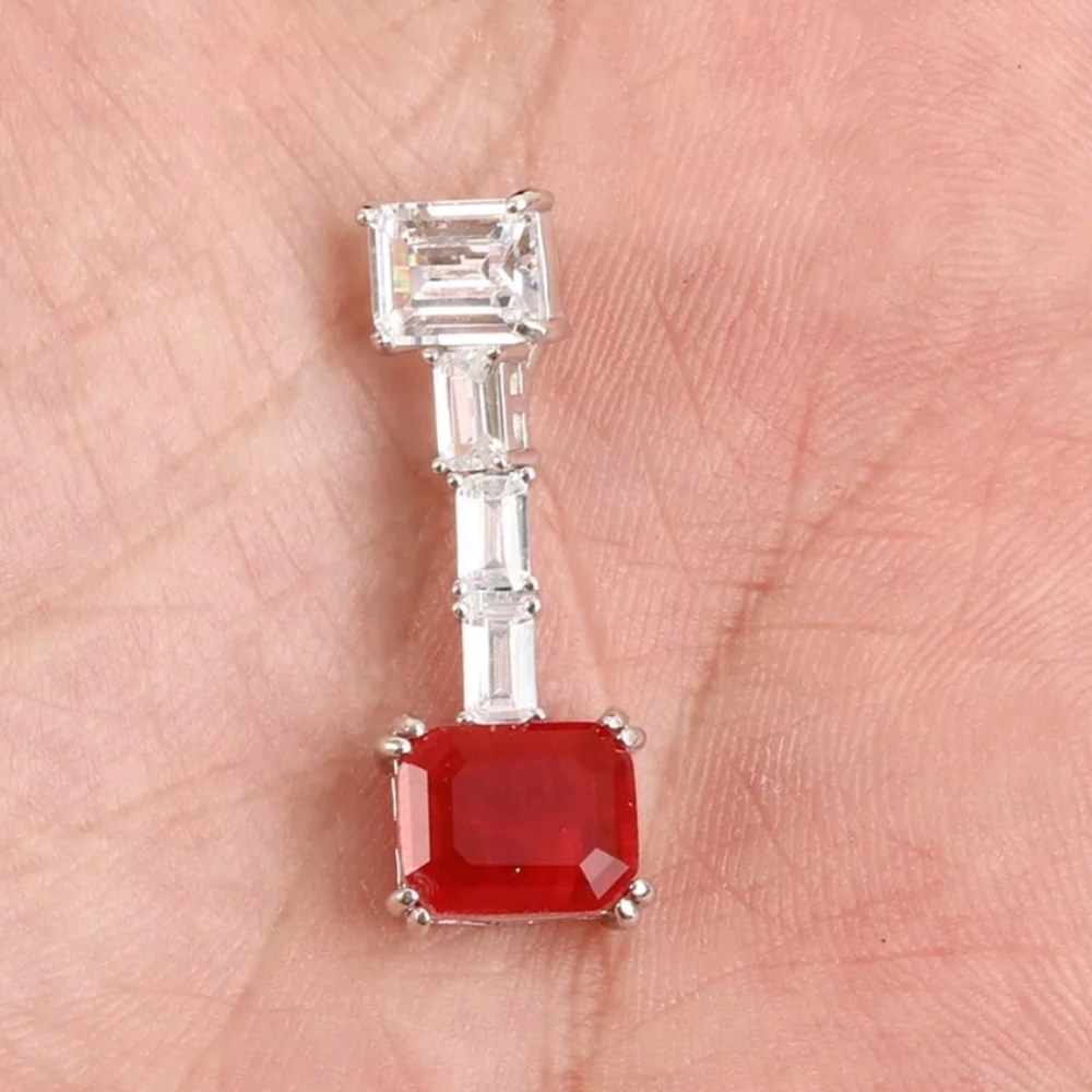 Square Ruby & white sapphire silver pendant